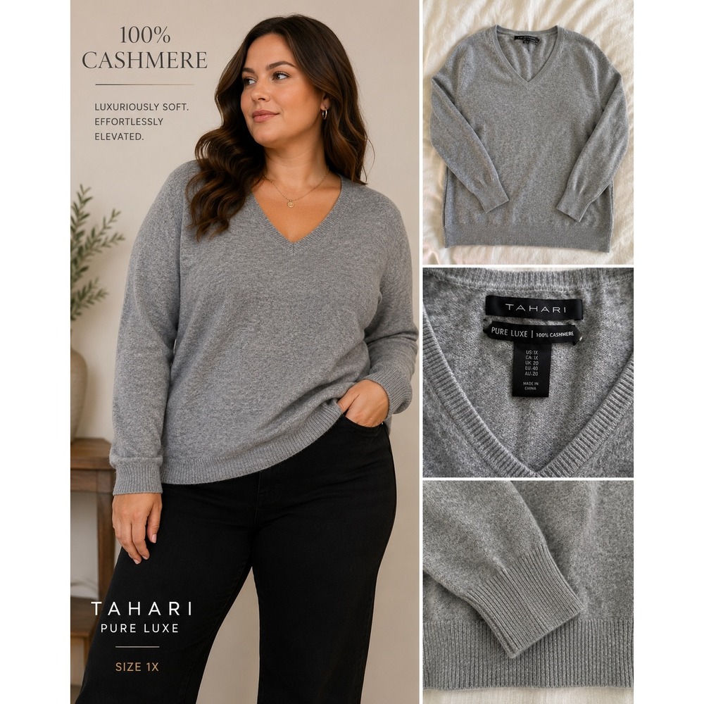 Tahari‎ Pure Luxe 100% Cashmere Gray V-Neck Sweater 1X Quiet Luxury